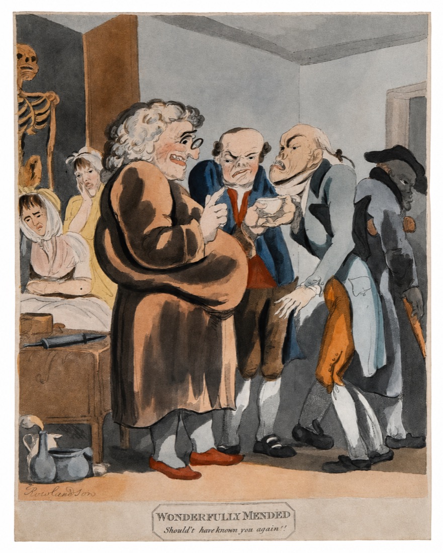 Thomas Rowlandson, Wonderfully Mended: a satirical scene of physicians crowding a patient, with a skeleton looking on